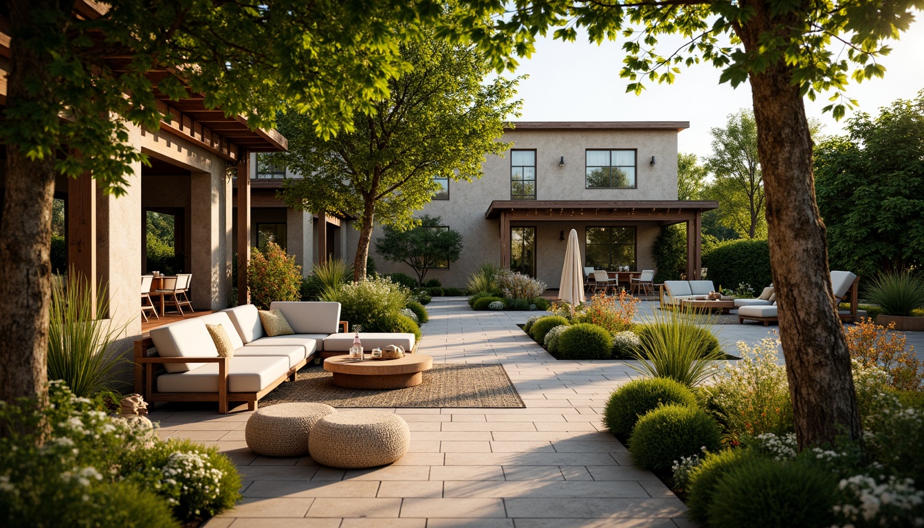 Prompt: Cozy patio, lush greenery, vibrant flowers, comfortable seating areas, wooden benches, rustic stone walls, warm string lights, soft cushions, natural textiles, earthy color palette, serene ambiance, gentle breeze, sunny afternoon, shallow depth of field, 3/4 composition, panoramic view, realistic textures, ambient occlusion.