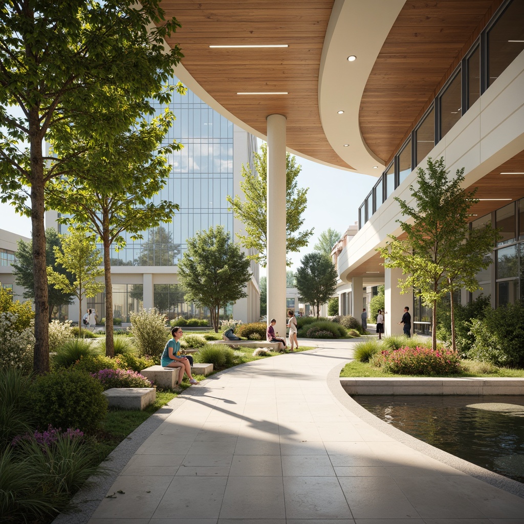 Prompt: Calming hospital interior, soft warm lighting, large windows, transparent glass walls, natural stone floors, wooden accents, soothing color palette, gentle curves, minimalist decor, peaceful ambiance, abundant greenery, lush plants, blooming flowers, serene water features, subtle shading, 1/1 composition, shallow depth of field, realistic textures, ambient occlusion.