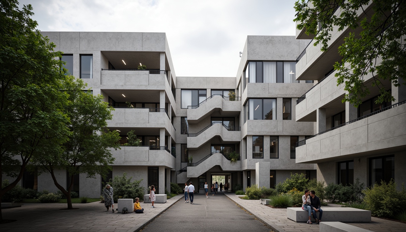 Prompt: Rugged concrete buildings, fortress-like structures, brutalist architecture, raw unfinished surfaces, exposed ductwork, industrial-style lighting, steel beams, reinforced columns, geometric shapes, angular lines, monumental staircases, cantilevered roofs, dramatic shadows, high-contrast textures, bold color schemes, urban campus setting, dense foliage, mature trees, paved walkways, modern sculptures, abstract art installations, overcast skies, diffused natural light, 1/2 composition, symmetrical framing.