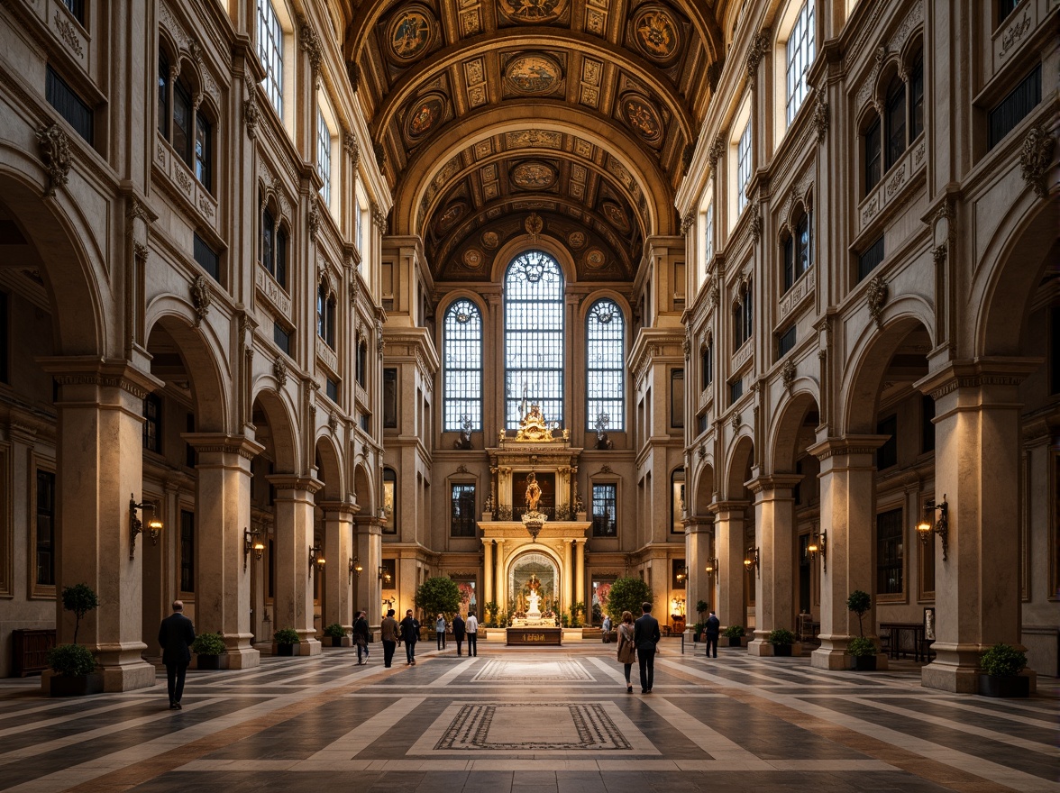 Prompt: Grand cathedral, symmetrical facade, ornate stone carvings, stained glass windows, vaulted ceilings, intricate mosaics, golden domes, classical columns, arches, pediments, grand entrance, marble floors, solemn atmosphere, soft warm lighting, shallow depth of field, 1/1 composition, central perspective, realistic textures, ambient occlusion.