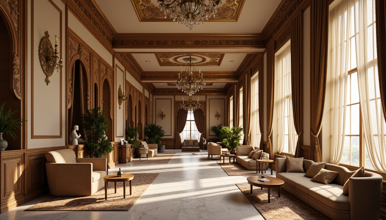 Prompt: Elegant interior spaces, classicism style, rich wood tones, ornate furnishings, luxurious fabrics, velvet drapes, golden accents, cream-colored walls, soft warm lighting, subtle shadows, 1/1 composition, realistic textures, ambient occlusion, intricate moldings, carved wooden panels, marble floors, crystal chandeliers, refined elegance, sophisticated ambiance.