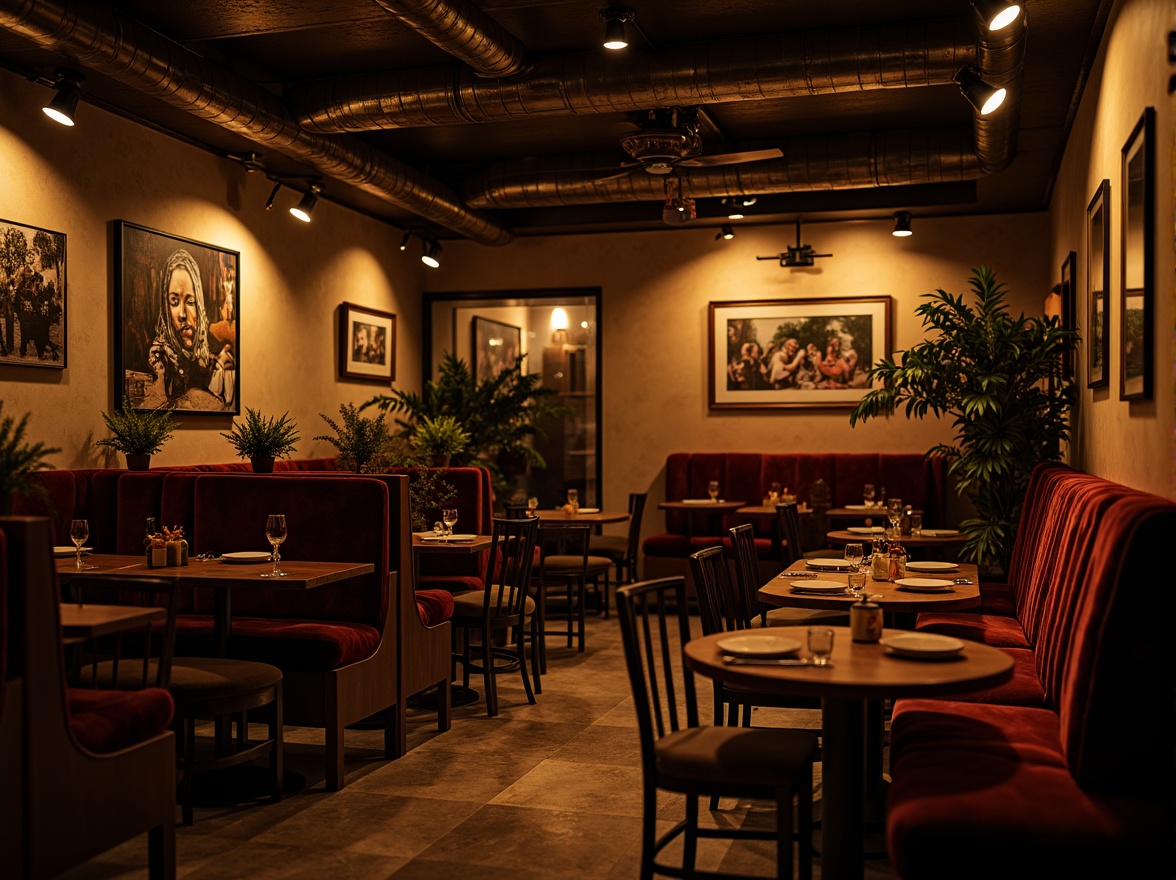 Prompt: Moody restaurant interior, warm golden lighting, soft shadows, dramatic spotlights, rich wood tones, luxurious velvet fabrics, ornate metal fixtures, eclectic art pieces, vintage decorative items, distressed textures, warm color palette, intimate ambiance, low-key illumination, cinematic atmosphere, 1/2 composition, shallow depth of field, realistic reflections, ambient occlusion.