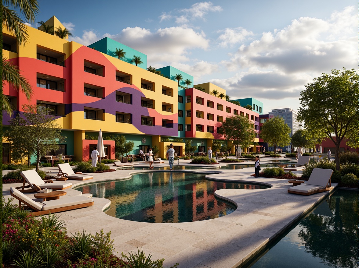 Prompt: Vibrant hotel facade, undulating curves, bold color blocking, abstract patterns, eclectic furniture, whimsical lighting fixtures, lush green roofs, meandering walkways, organic-shaped pools, tropical plants, exotic flowers, warm sunny day, dramatic cloud formations, cinematic composition, high contrast lighting, vivid textures, stylized reflections, artistic freedom, expressive brushstrokes.