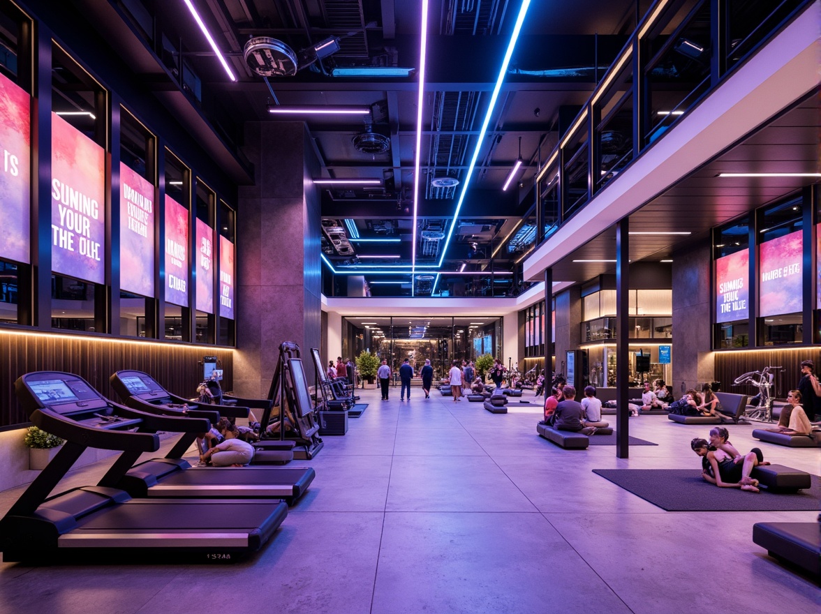 Prompt: High-ceilinged fitness club, sleek metal equipment, neon-lit LED lights, dynamic color-changing ambiance, futuristic architectural design, polished concrete floors, mirrored walls, state-of-the-art sound systems, energizing atmosphere, motivational quotes, modern minimalist decor, high-intensity workout areas, yoga and Pilates zones, relaxation lounges, floor-to-ceiling windows, natural daylight, soft warm glow, 1/2 composition, shallow depth of field, realistic textures, ambient occlusion.