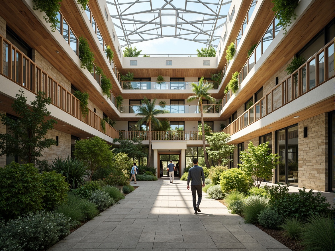 Prompt: Vibrant atrium, lush greenery, natural stone walls, wooden accents, floor-to-ceiling windows, clerestory windows, skylights, open floor plans, minimal obstructions, reflective surfaces, bright airy spaces, warm sunny days, soft diffused lighting, shallow depth of field, 1/1 composition, panoramic view, realistic textures, ambient occlusion.