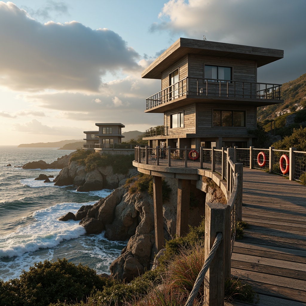 Prompt: Weathered wooden watching towers, rugged coastal landscape, crashing ocean waves, salty sea air, rustic nautical ropes, distressed wooden planks, faded lifebuoys, vintage navigation instruments, worn stone foundations, curved observation decks, panoramic ocean views, dramatic cloudy skies, warm golden lighting, shallow depth of field, 1/2 composition, realistic weathering effects, ambient occlusion.