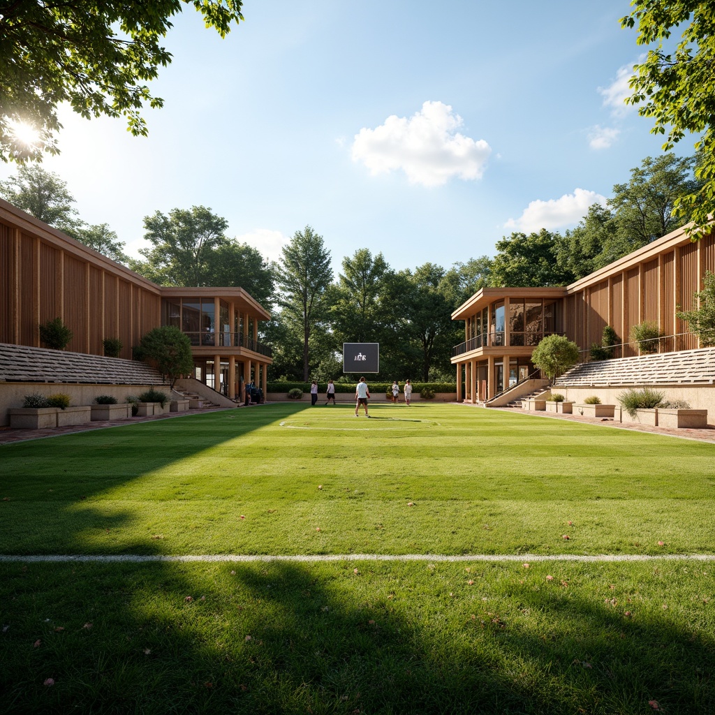 Prompt: Rustic sports field, natural grass turf, wooden bleachers, earthy tone scoreboard, organic shape stadium seating, woven wicker fencing, reclaimed wood accents, living green walls, native plant species, sunny afternoon, soft warm lighting, shallow depth of field, 3/4 composition, panoramic view, realistic textures, ambient occlusion.