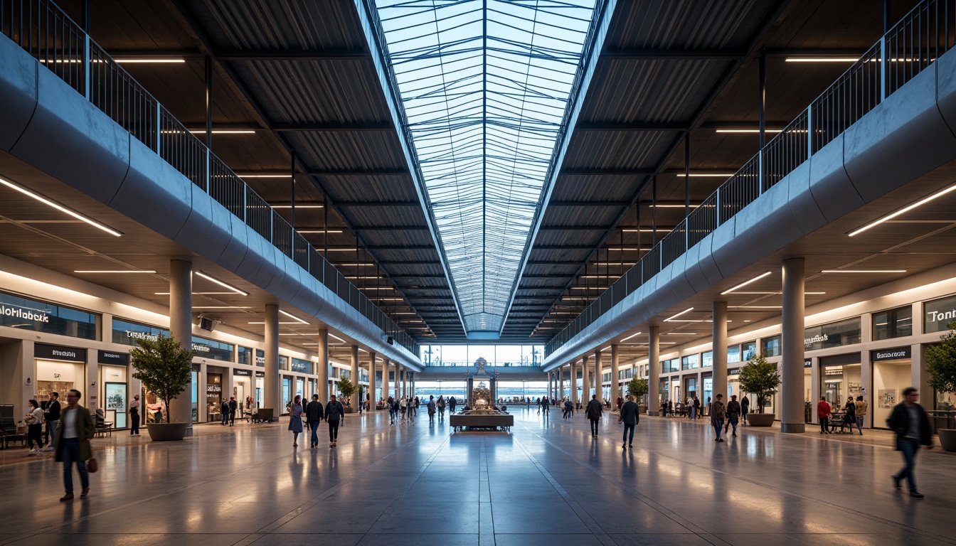 Prompt: Airport terminal, constructivist architecture, exposed steel beams, industrial chic, polished concrete floors, minimalist decor, modern LED lighting, suspended ceiling fixtures, linear fluorescent lights, warm ambient glow, softbox diffusers, high-ceiling atriums, natural daylight, clerestory windows, solar tubes, energy-efficient systems, futuristic ambiance, dynamic color changing effects, 3D modeling, realistic textures, shallow depth of field, panoramic view.