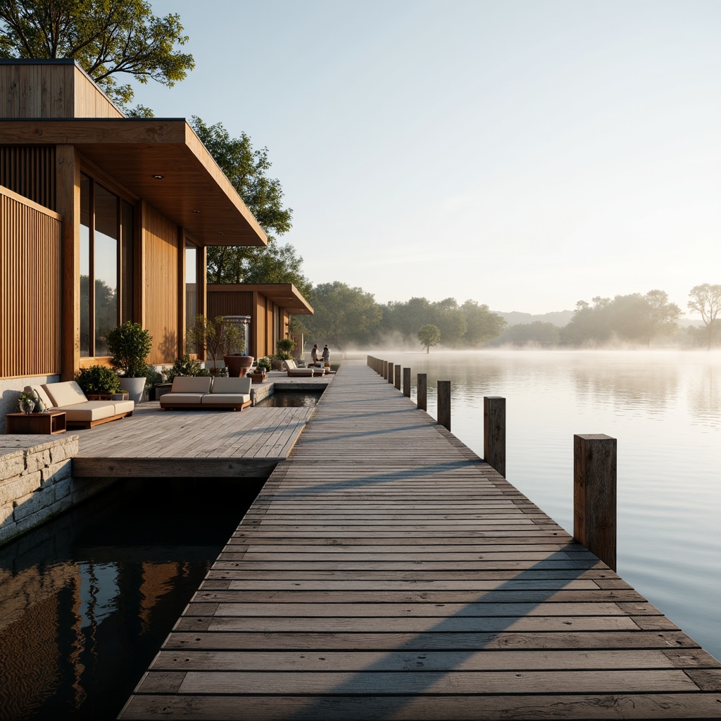 Prompt: Weathered wooden docks, rustic stone walls, natural cedar siding, glassy lake reflections, serene misty mornings, soft warm lighting, shallow depth of field, 3/4 composition, panoramic view, realistic water textures, ambient occlusion, modern lakefront architecture, sleek metal accents, minimalist design, sustainable energy solutions, solar panels, green roofs, eco-friendly materials, innovative cooling technologies, shaded outdoor spaces, misting systems, nautical-inspired decor, vibrant colorful textiles, intricate geometric motifs.