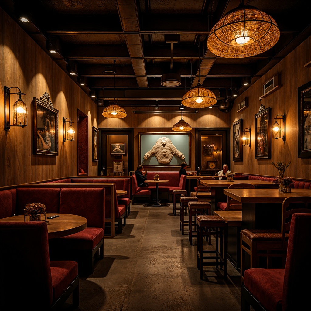 Prompt: Moody restaurant interior, warm golden lighting, soft shadows, dramatic spotlights, rich wood tones, luxurious velvet fabrics, ornate metal fixtures, eclectic art pieces, vintage decorative items, distressed textures, warm color palette, intimate ambiance, low-key illumination, cinematic atmosphere, 1/2 composition, shallow depth of field, realistic reflections, ambient occlusion.