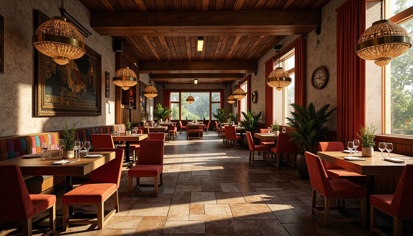 Prompt: Vibrant restaurant interior, rich wood textures, ornate metal fixtures, luxurious velvet fabrics, bold colorful patterns, eclectic decorative accents, distressed stone walls, reclaimed wooden tables, plush cushioned chairs, warm golden lighting, dramatic shadows, cinematic composition, shallow depth of field, 1/1 aspect ratio, high contrast, expressionist brushstrokes.