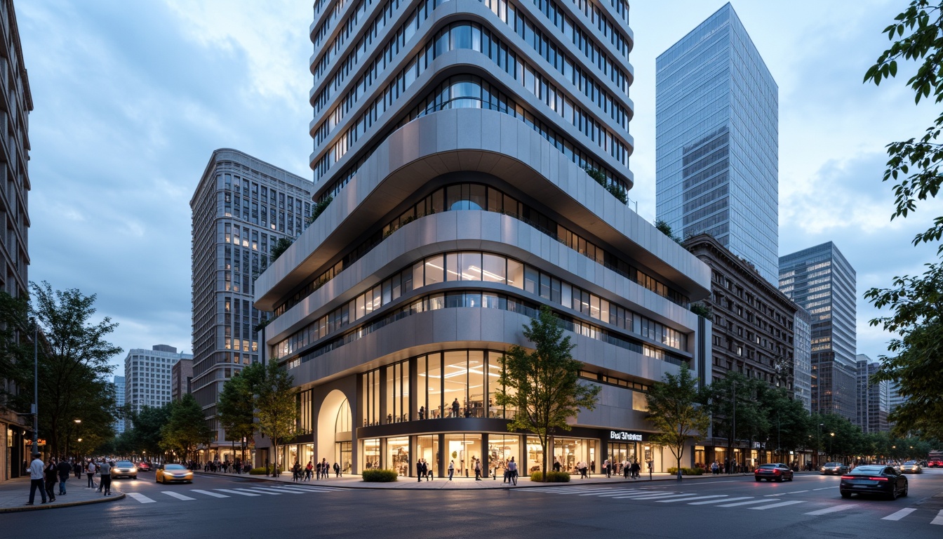 Prompt: Curved building facade, metallic materials, polished chrome accents, horizontal lines, minimalist ornamentation, rounded corners, large windows, sliding glass doors, urban cityscape, busy streets, modern skyscrapers, cloudy blue sky, soft natural lighting, shallow depth of field, 2/3 composition, symmetrical balance, realistic reflections, ambient occlusion.