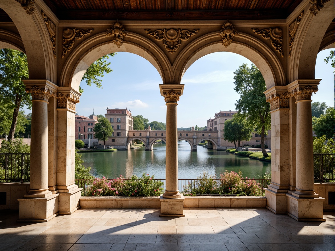 Prompt: Elegant archways, ornate stone carvings, rustic brick facades, grandiose bridge structures, serene water reflections, lush greenery, vibrant flowers, majestic river views, sunny day, soft warm lighting, shallow depth of field, 3/4 composition, panoramic view, realistic textures, ambient occlusion, Renaissance-inspired ornateness, classical columns, symmetrical architecture, decorative balustrades, intricate stonework, weathered copper details, ornate metal railings.