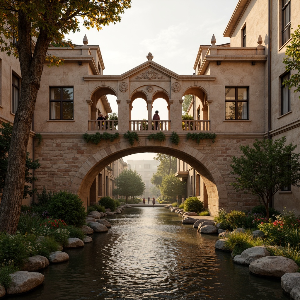 Prompt: Rustic stone bridges, ornate balustrades, weathered wooden railings, earthy terracotta hues, muted sienna tones, warm golden lighting, soft misty atmosphere, serene river waters, lush greenery, vibrant floral accents, intricate carvings, classical arches, grandiose proportions, symmetrical composition, 1/2 perspective view, realistic stone textures, ambient occlusion.