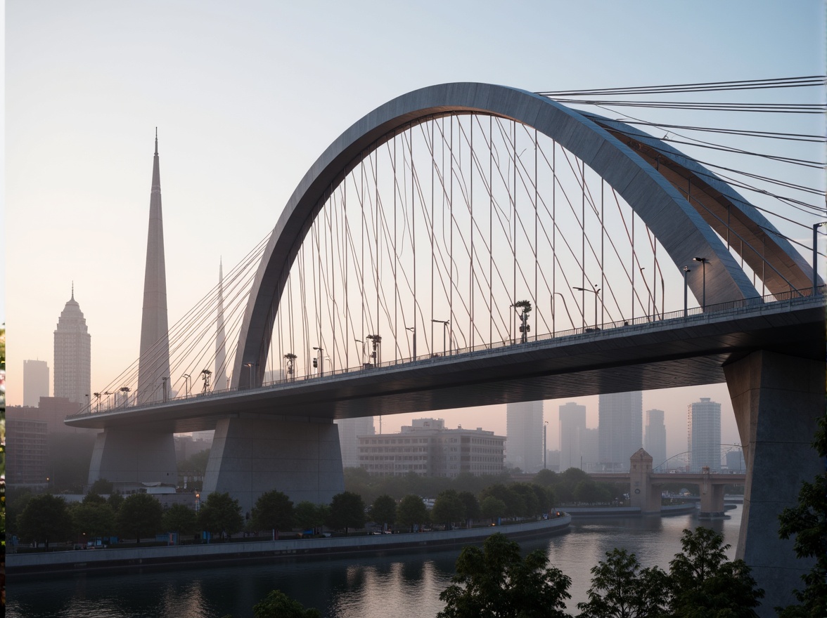 Prompt: Futuristic bridge, sleek metallic arches, suspension cables, LED lighting systems, urban cityscape, misty morning atmosphere, soft warm glow, shallow depth of field, 3/4 composition, panoramic view, realistic reflections, ambient occlusion, fusion architecture, curved lines, geometric shapes, modern materials, high-strength concrete, steel reinforcements, innovative structural systems, cantilevered sections, asymmetrical design, dynamic visual effects, vibrant colorful accents, intricate patterns, futuristic urban planning.