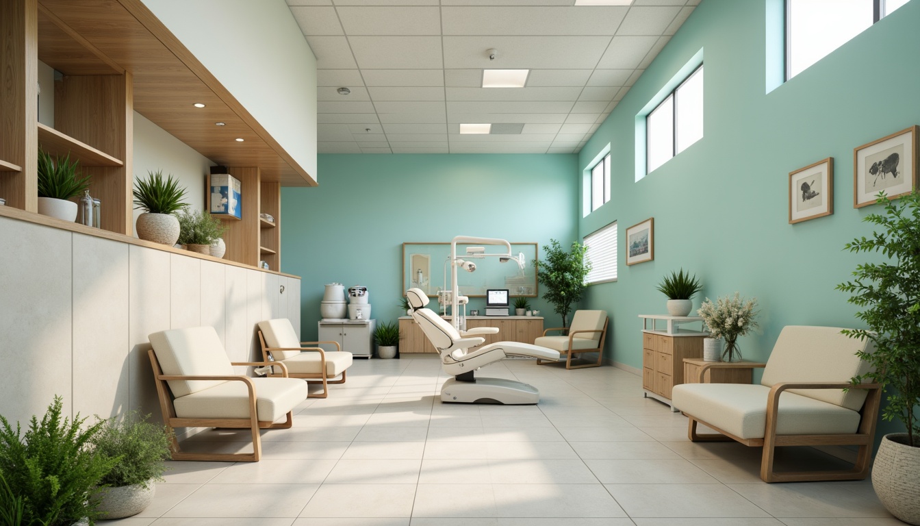 Prompt: Calming dental clinic, soothing blue-green color scheme, creamy whites, warm beige tones, natural wood accents, gentle curves, minimalist decor, modern medical equipment, sleek stainless steel surfaces, comfortable waiting area, lush green plants, soft overhead lighting, shallow depth of field, 1/1 composition, realistic textures, ambient occlusion.