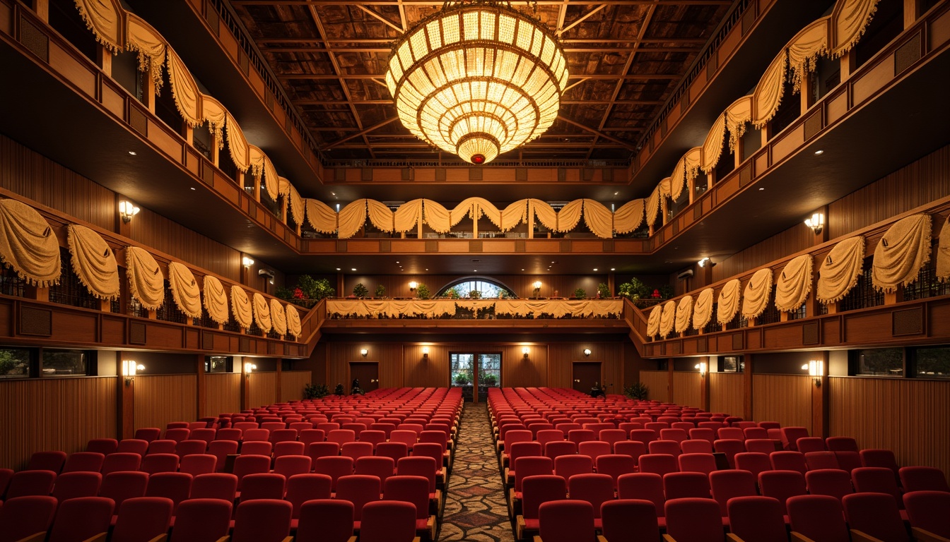 Prompt: Grand auditorium, ornate chandeliers, plush red seats, curved balconies, acoustic panels, soundproofing materials, reinforced concrete structures, steel beams, robust foundations, earthquake-resistant design, natural ventilation systems, energy-efficient lighting, dramatic spotlights, 3-point perspective composition, warm golden lighting, shallow depth of field, realistic textures, ambient occlusion.