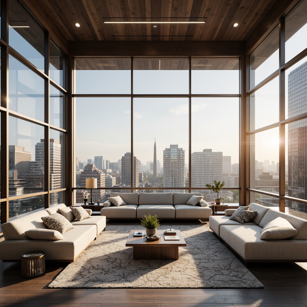 Prompt: Minimalist living room, floor-to-ceiling windows, sleek metal frames, automated blinds, solar shades, thermal insulation, energy-efficient glazing, soundproofing technology, urban cityscape views, morning sunlight, soft warm lighting, shallow depth of field, 3/4 composition, panoramic view, realistic textures, ambient occlusion, modern interior design, luxurious fabrics, subtle patterns, metallic accents.