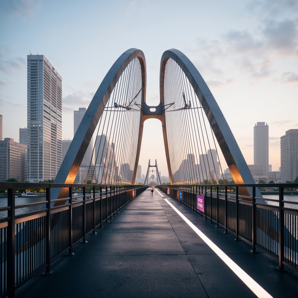 Prompt: Futuristic bridge, sleek metallic arches, suspension cables, LED lighting systems, urban cityscape, misty morning atmosphere, soft warm glow, shallow depth of field, 3/4 composition, panoramic view, realistic reflections, ambient occlusion, fusion architecture, curved lines, geometric shapes, modern materials, high-strength concrete, steel reinforcements, innovative structural systems, cantilevered sections, asymmetrical design, dynamic visual effects, vibrant colorful accents, intricate patterns, futuristic urban planning.