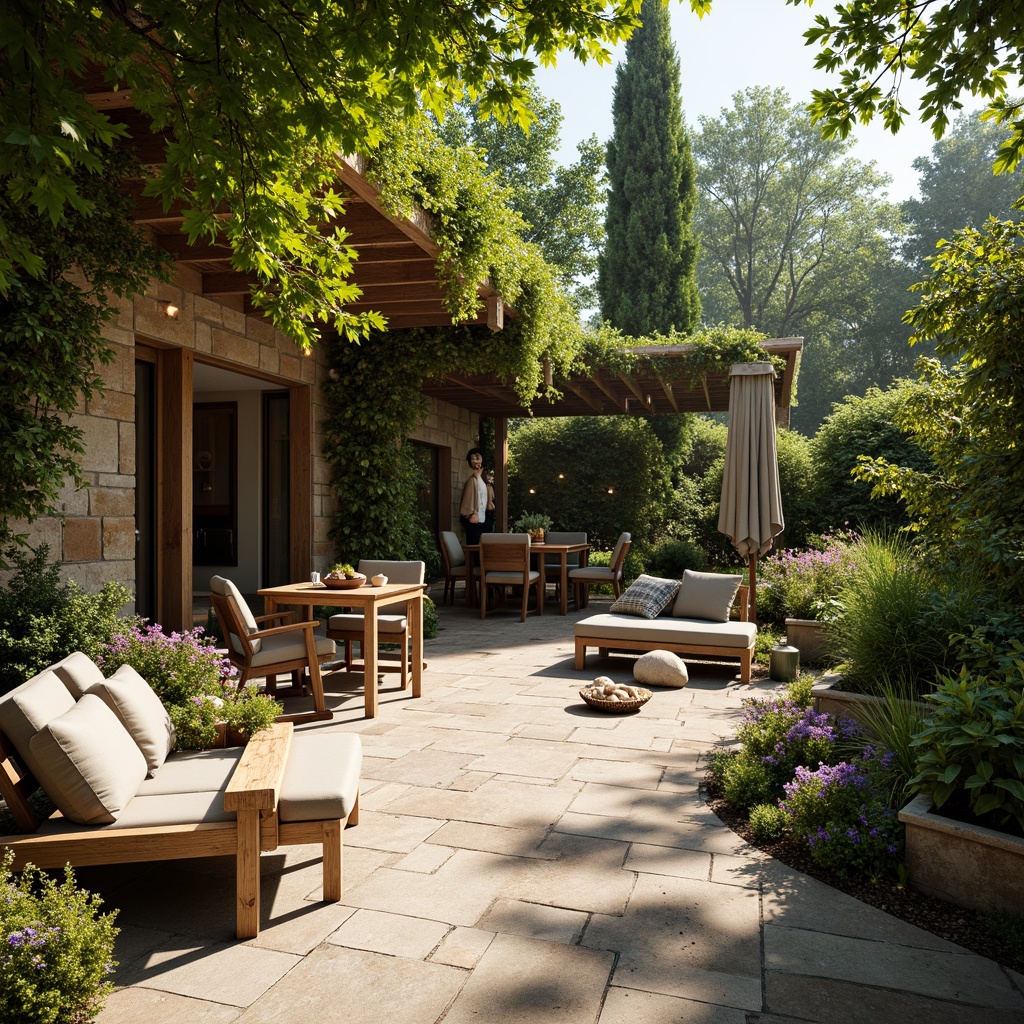 Prompt: Cozy patio, lush greenery, vibrant flowers, comfortable seating areas, wooden benches, rustic stone walls, warm string lights, soft cushions, natural textiles, earthy color palette, serene ambiance, gentle breeze, sunny afternoon, shallow depth of field, 3/4 composition, panoramic view, realistic textures, ambient occlusion.