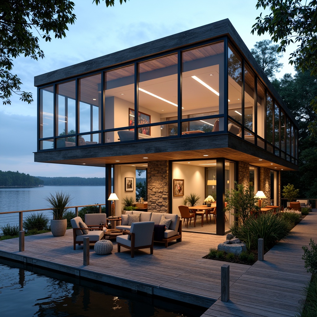 Prompt: Waterfront boathouse, rustic wooden dock, serene lake views, modern fenestration design, floor-to-ceiling windows, sliding glass doors, minimalist metal frames, reflective water-inspired fa\u00e7ade, natural stone walls, reclaimed wood accents, nautical-themed decor, cozy interior spaces, warm ambient lighting, shallow depth of field, 1/1 composition, realistic textures, soft focus effect.