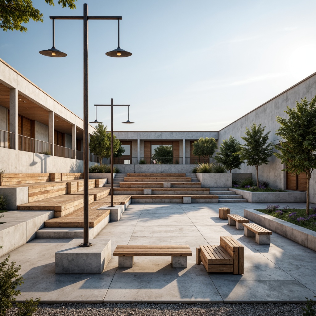 Prompt: Minimalist amphitheater, natural stone seating, sleek metal railings, polished concrete floors, simple wooden benches, subtle LED lighting, open sky above, warm sunny day, soft shadows, shallow depth of field, 3/4 composition, panoramic view, realistic textures, ambient occlusion, weathered steel accents, industrial-style lamps, geometric-shaped planters, sparse greenery, gravel pathways, modern minimalist architecture, clean lines, monochromatic color scheme.