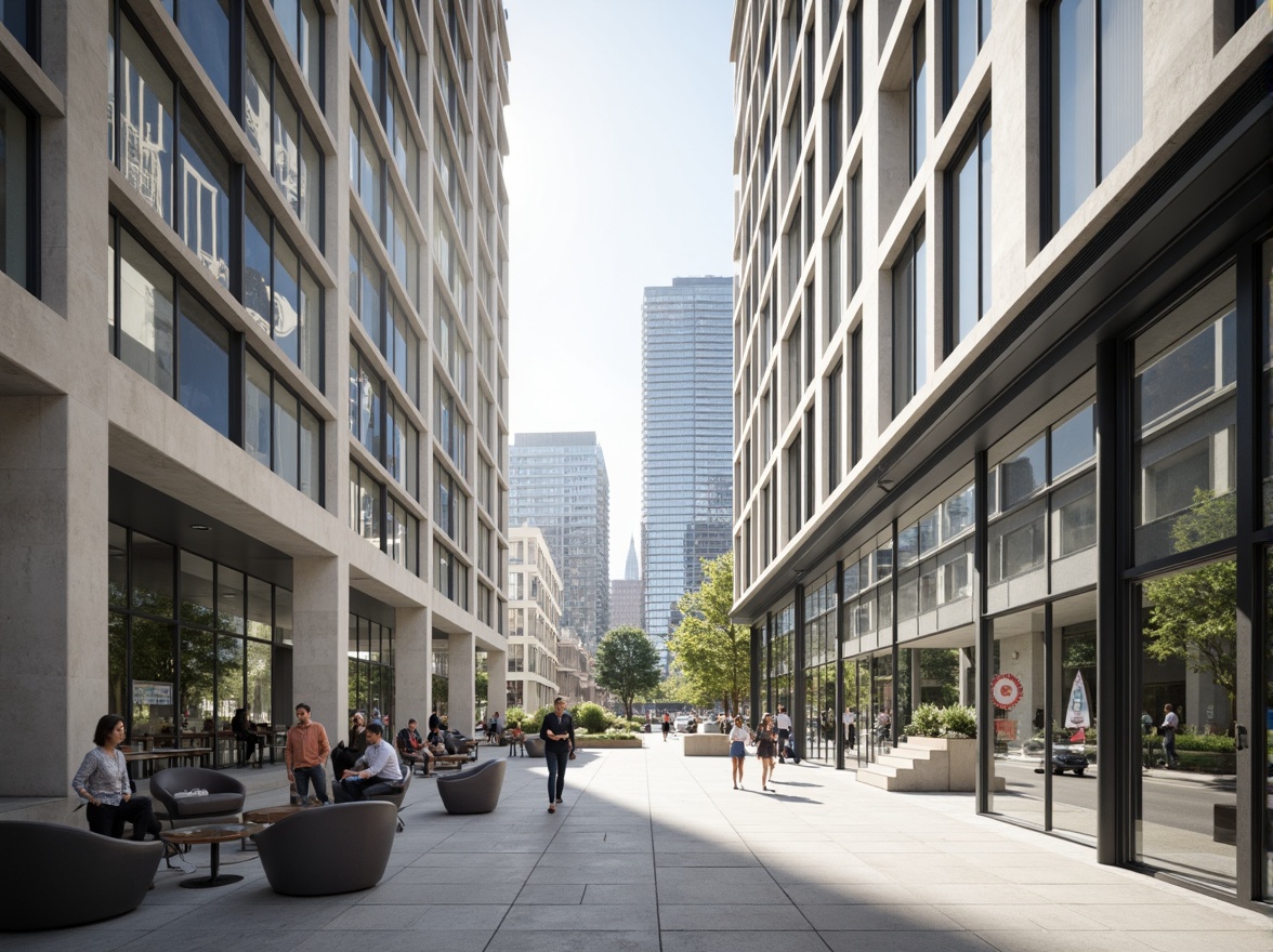 Prompt: Modernist building facade, clean lines, minimal ornamentation, monochromatic color scheme, smooth concrete surfaces, glass curtain walls, steel frames, open floor plans, functional simplicity, natural light pouring in, airy atmosphere, urban cityscape background, busy streets, contemporary furniture, sleek metal accents, subtle texture contrasts, 1/1 composition, high-key lighting, shallow depth of field.