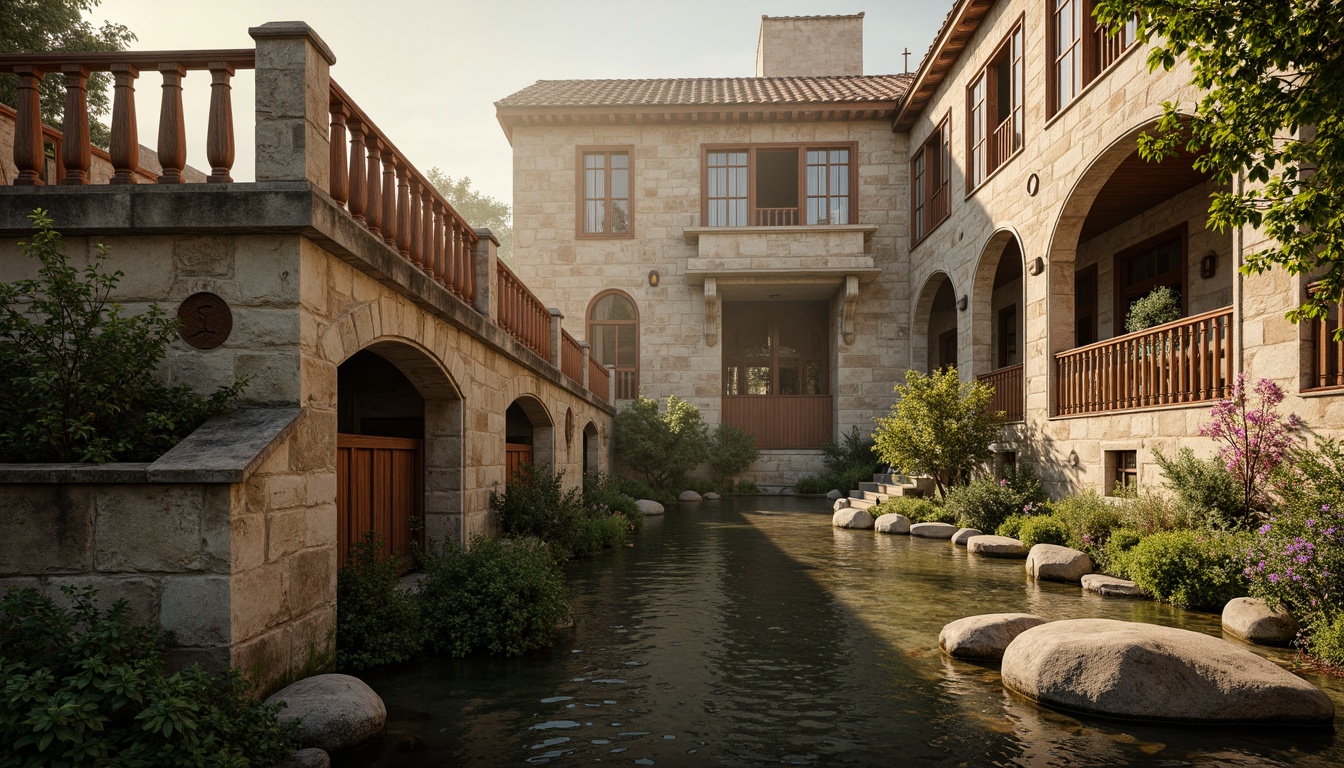 Prompt: Rustic stone bridges, ornate balustrades, weathered wooden railings, warm beige stonework, earthy red brick arches, moss-covered piers, soft golden lighting, misty atmospheric effects, serene river waters, lush greenery, vibrant floral arrangements, intricate carvings, classical architectural details, subtle texture overlays, realistic stone normal maps, cinematic camera angles, 1/2 composition, warm color grading.