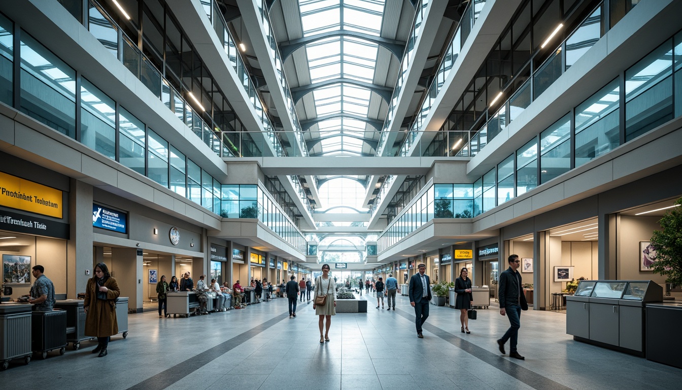 Prompt: Airport academic facade, modernist architecture, clean lines, minimalist aesthetic, large glass windows, steel frames, cantilevered roofs, open-air balconies, educational signage, airport codes, luggage carts, vibrant airport colors, busy atmosphere, soft natural lighting, shallow depth of field, 3/4 composition, panoramic view, realistic textures, ambient occlusion.