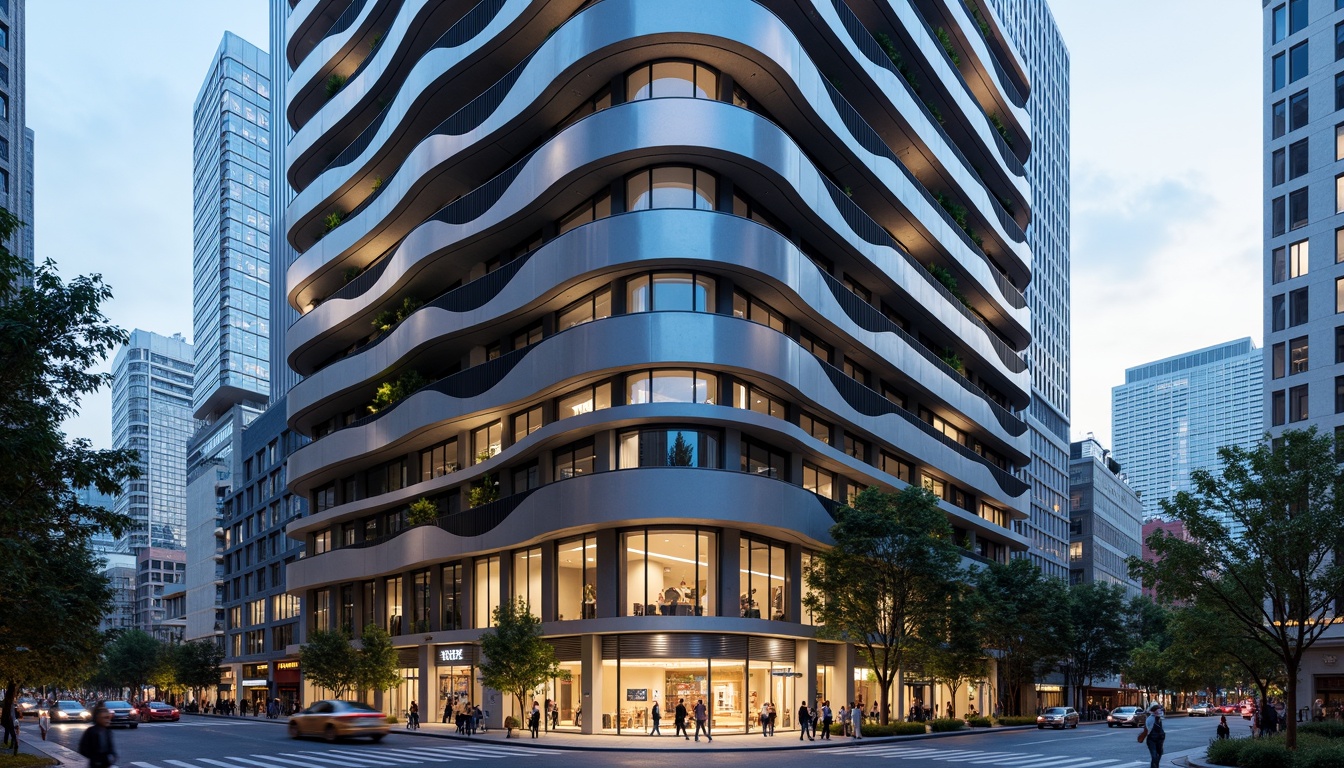 Prompt: Curved building facade, metallic materials, polished chrome accents, horizontal lines, rounded corners, minimalist ornamentation, large glass windows, sliding doors, cantilevered balconies, urban cityscape, busy streets, modern skyscrapers, cloudy blue sky, soft natural light, shallow depth of field, 2/3 composition, symmetrical framing, high-contrast lighting, detailed textures, ambient occlusion.