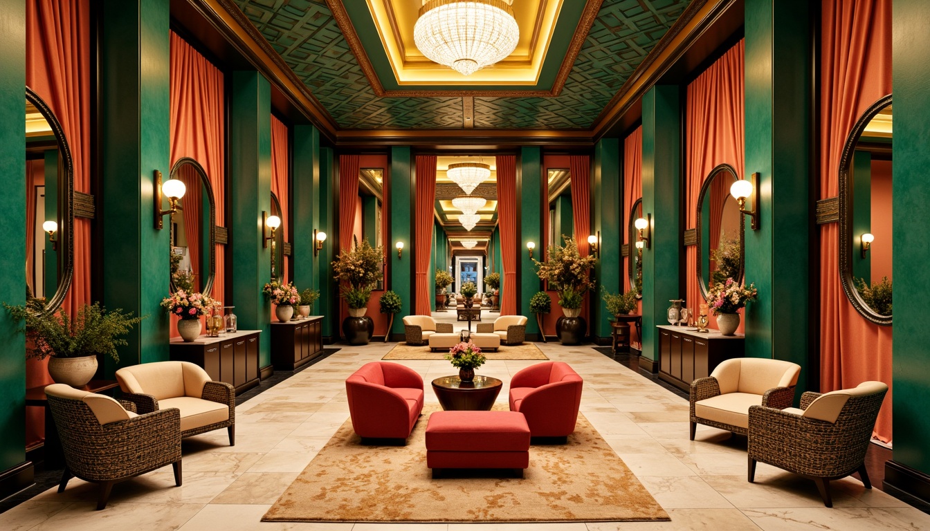 Prompt: Luxurious Art Deco interior, opulent gold accents, rich jewel tones, emerald green walls, sapphire blue ceilings, amber lighting, metallic silver fixtures, geometric patterns, chevron motifs, ornate mirrors, lavish furnishings, velvet drapes, marble floors, sunburst designs, bold black outlines, vibrant coral hues, soft cream backgrounds, warm beige textures, sophisticated chrome details, glamorous Hollywood Regency style, high-contrast color scheme, dramatic shadows, cinematic lighting, 1/1 composition, shallow depth of field, realistic reflections.