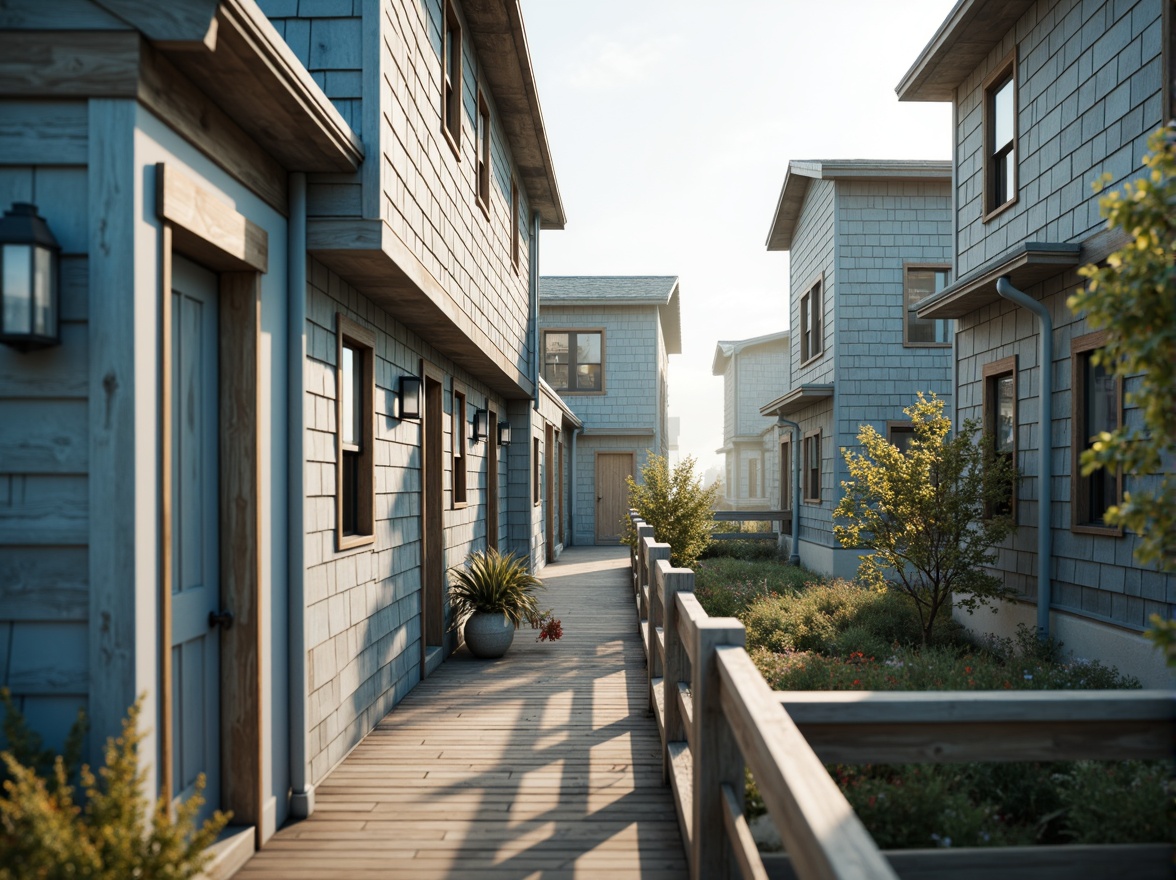 Prompt: Weathered wooden towers, rustic nautical details, ocean-inspired color palette, soothing blues and whites, sandy neutrals, sea-salt sprays, driftwood accents, rope-wrapped railings, lantern-style lighting, misty morning atmosphere, soft warm sunlight, shallow depth of field, 1/2 composition, realistic textures, ambient occlusion.