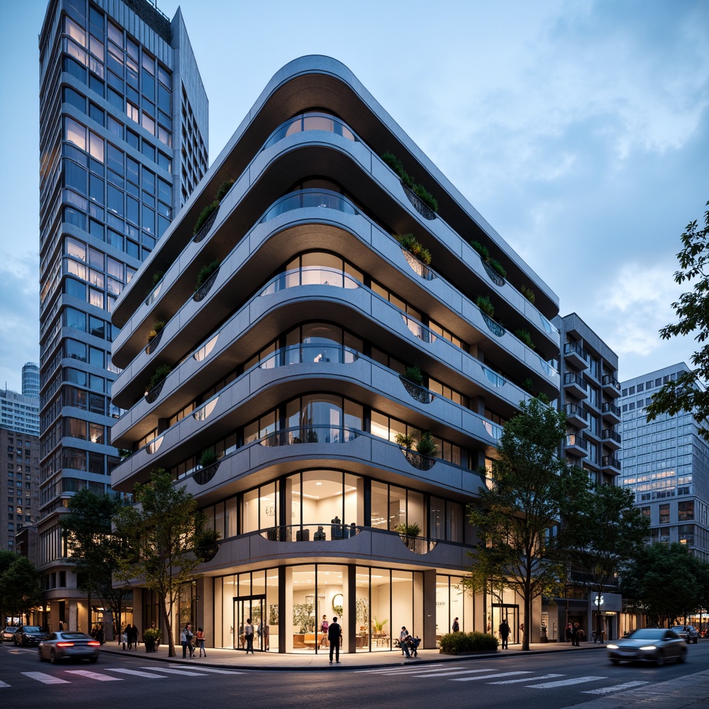 Prompt: Curved building facade, metallic materials, polished chrome accents, horizontal lines, rounded corners, minimalist ornamentation, large glass windows, sliding doors, cantilevered balconies, urban cityscape, busy streets, modern skyscrapers, cloudy blue sky, soft natural light, shallow depth of field, 2/3 composition, symmetrical framing, high-contrast lighting, detailed textures, ambient occlusion.