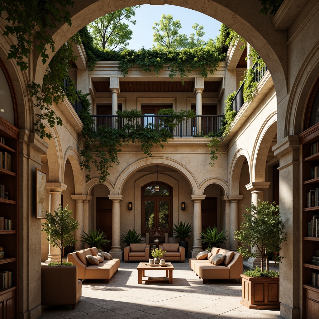 Prompt: Traditional university buildings, ivy-covered walls, ornate stone carvings, rich wood tones, warm beige stucco, classic columns, elegant archways, sophisticated neutral colors, earthy brown furniture, vintage leather-bound books, subtle golden accents, soft natural lighting, shallow depth of field, 1/1 composition, realistic textures, ambient occlusion.