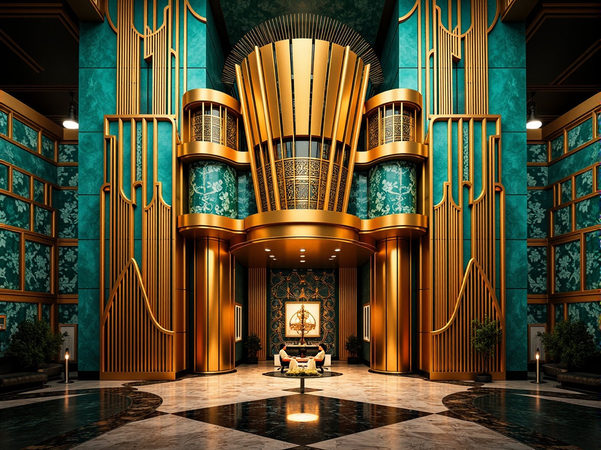 Prompt: Opulent Art Deco monument, lavish golden accents, rich bronze tones, vibrant turquoise mosaics, geometric patterns, ornate metalwork, luxurious marble surfaces, bold black outlines, stylized floral motifs, sunburst designs, zigzag patterns, metallic sheen, warm ambient lighting, shallow depth of field, 1/1 composition, symmetrical framing, high-contrast colors, intricate textures, realistic reflections.