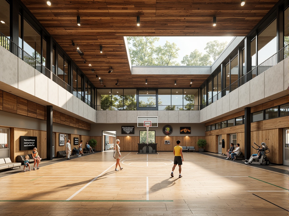 Prompt: Modern gymnasium building, eco-friendly materials, reclaimed wood flooring, bamboo walls, recycled metal beams, low-carbon concrete, green roofs, solar panels, natural ventilation systems, clerestory windows, abundant daylight, soft warm lighting, 3/4 composition, shallow depth of field, realistic textures, ambient occlusion, athletic equipment, basketball hoops, volleyball nets, exercise machines, mirrored walls, motivational quotes, inspirational posters, calm color scheme, earthy tones, wooden accents.