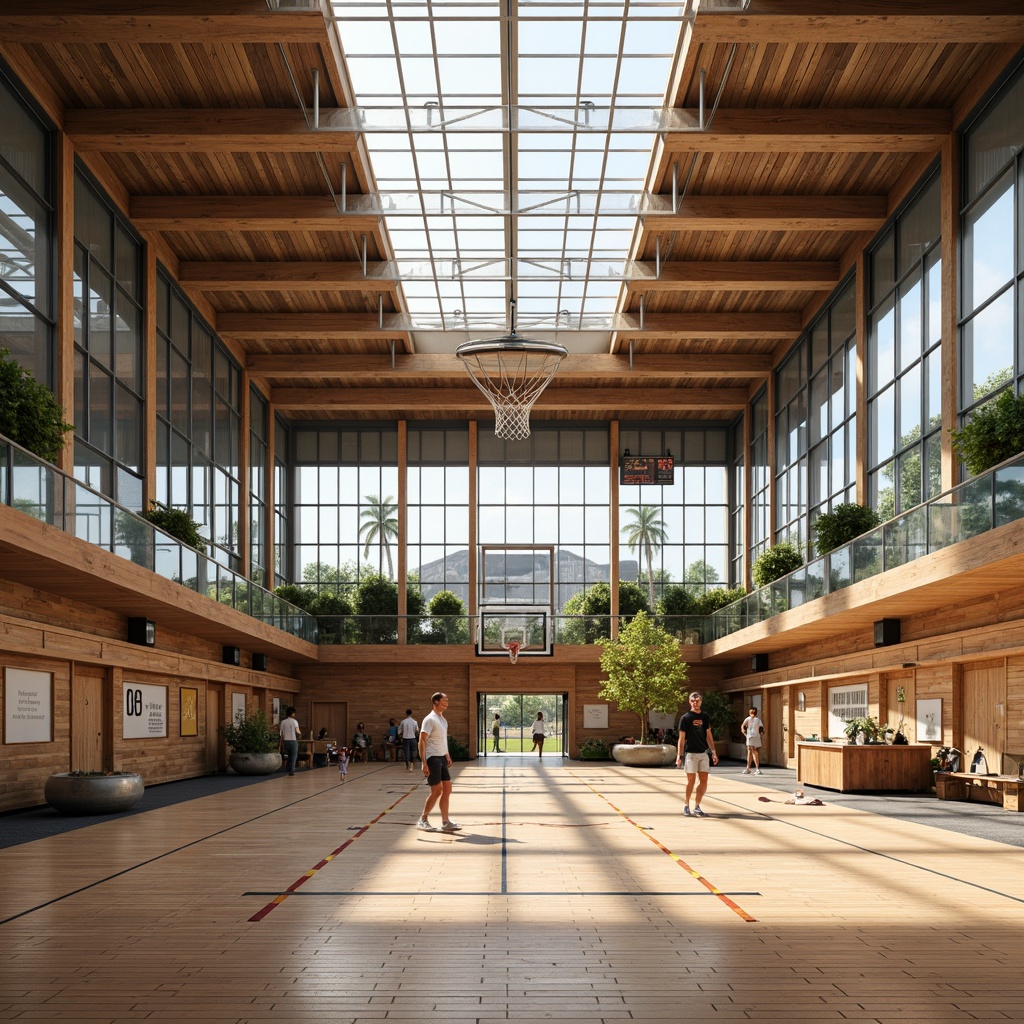 Prompt: Modern gymnasium building, eco-friendly materials, reclaimed wood flooring, bamboo walls, recycled metal beams, low-carbon concrete, green roofs, solar panels, natural ventilation systems, clerestory windows, abundant daylight, soft warm lighting, 3/4 composition, shallow depth of field, realistic textures, ambient occlusion, athletic equipment, basketball hoops, volleyball nets, exercise machines, mirrored walls, motivational quotes, inspirational posters, calm color scheme, earthy tones, wooden accents.