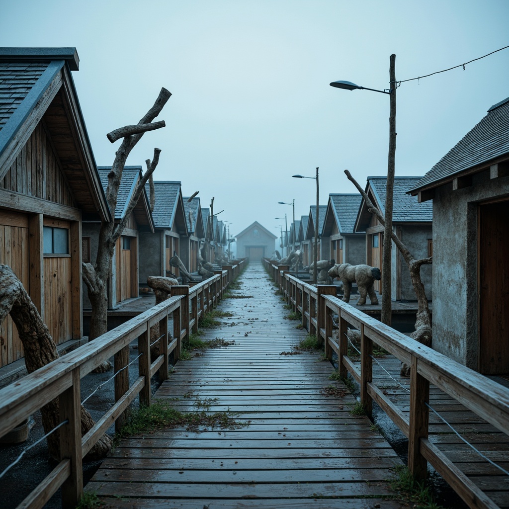 Prompt: Weathered wooden docks, rusty metal railings, driftwood sculptures, oceanic blue hues, salty misty atmosphere, deconstructed beach huts, fragmented concrete walls, reclaimed wood accents, nautical rope details, distressed finishes, organic curves, asymmetrical compositions, dramatic natural lighting, shallow depth of field, 1/2 composition, cinematic perspective, realistic textures, ambient occlusion.