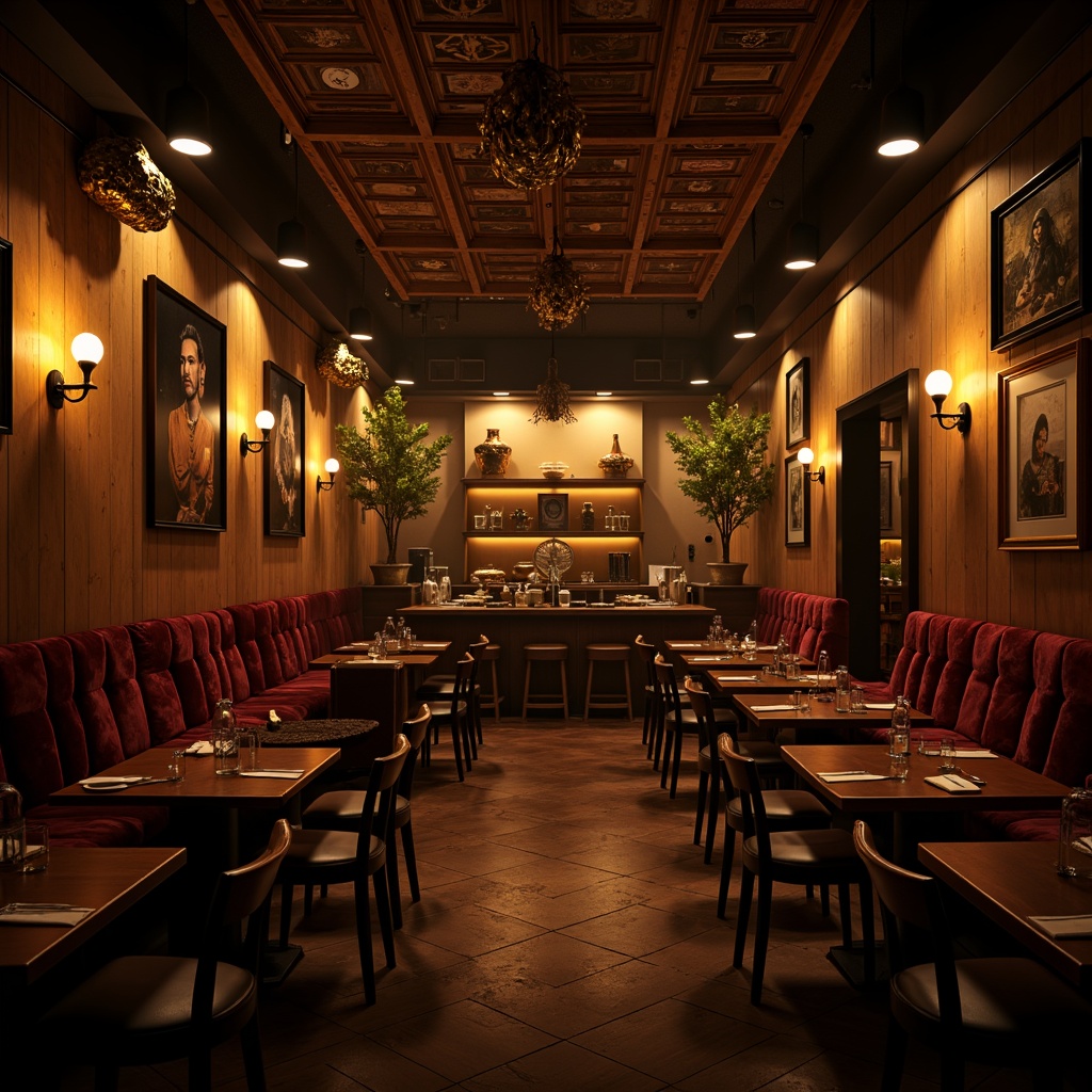 Prompt: Moody restaurant interior, warm golden lighting, soft shadows, dramatic spotlights, rich wood tones, luxurious velvet fabrics, ornate metal fixtures, eclectic art pieces, vintage decorative items, distressed textures, warm color palette, intimate ambiance, low-key illumination, cinematic atmosphere, 1/2 composition, shallow depth of field, realistic reflections, ambient occlusion.