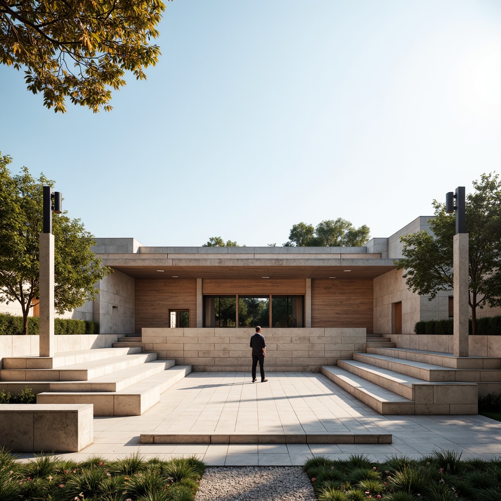 Prompt: Minimalist amphitheater, natural stone seating, sleek metal railings, polished concrete floors, simple wooden benches, subtle LED lighting, open sky above, warm sunny day, soft shadows, shallow depth of field, 3/4 composition, panoramic view, realistic textures, ambient occlusion, weathered steel accents, industrial-style lamps, geometric-shaped planters, sparse greenery, gravel pathways, modern minimalist architecture, clean lines, monochromatic color scheme.