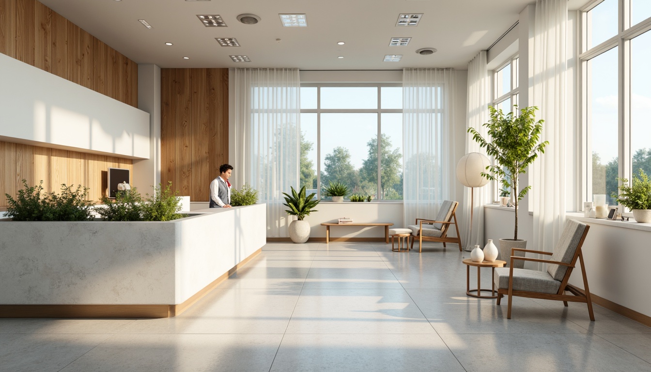 Prompt: Calming dental clinic atmosphere, soft pastel colors, gentle whites, creamy beiges, soothing blues, muted greens, warm wood accents, natural stone textures, modern minimalist design, large windows, abundant natural light, subtle color transitions, 3/4 composition, shallow depth of field, realistic renderings, ambient occlusion.