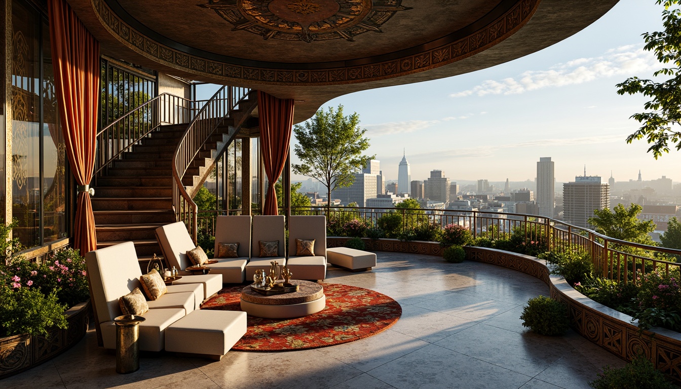 Prompt: Luxurious penthouse, Art Nouveau style, ornate metalwork, flowing organic lines, sinuous curves, grand staircase, intricate mosaics, stained glass windows, lavish furnishings, velvet drapes, marble floors, gilded accents, crystal chandeliers, panoramic city views, rooftop garden, lush greenery, vibrant flowers, soft warm lighting, shallow depth of field, 1/1 composition, realistic textures, ambient occlusion.