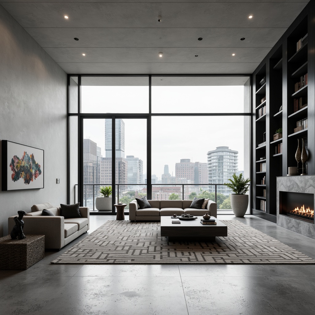 Prompt: Minimalist interior, sleek lines, monochromatic color scheme, polished concrete floors, floor-to-ceiling windows, sliding glass doors, open-plan living areas, modular furniture, built-in shelving units, hidden LED lighting, industrial-chic metal accents, geometric patterned rugs, abstract artwork, modern sculptures, urban city views, natural ventilation systems, energy-efficient appliances, smart home automation, 1/1 composition, softbox lighting, shallow depth of field, realistic textures.