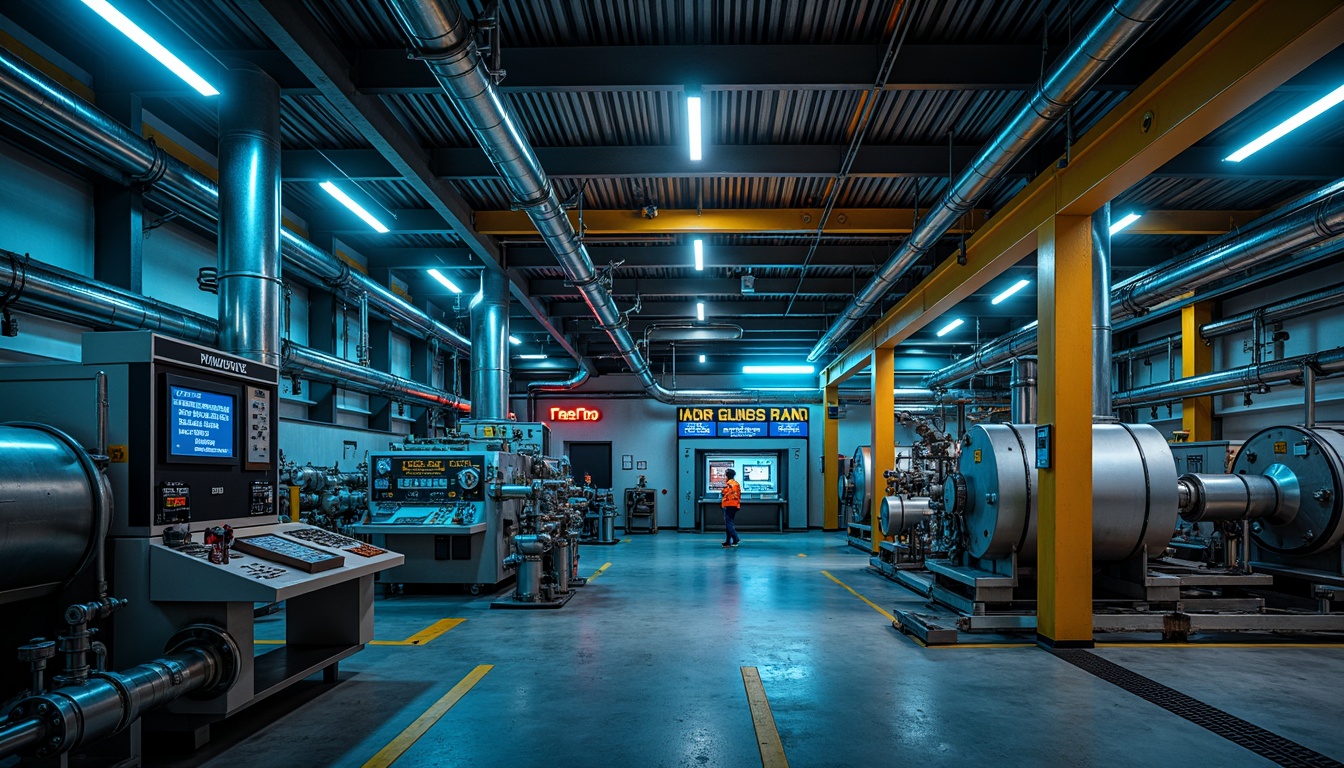 Prompt: Industrial energy plant, metallic structures, steel beams, pipes and valves, concrete foundations, functional machinery, neon-lit control rooms, warning signs, safety helmets, reflective vests, high-visibility colors, bold typography, dynamic lighting, dramatic shadows, 1/2 composition, cinematic atmosphere, realistic textures, ambient occlusion.