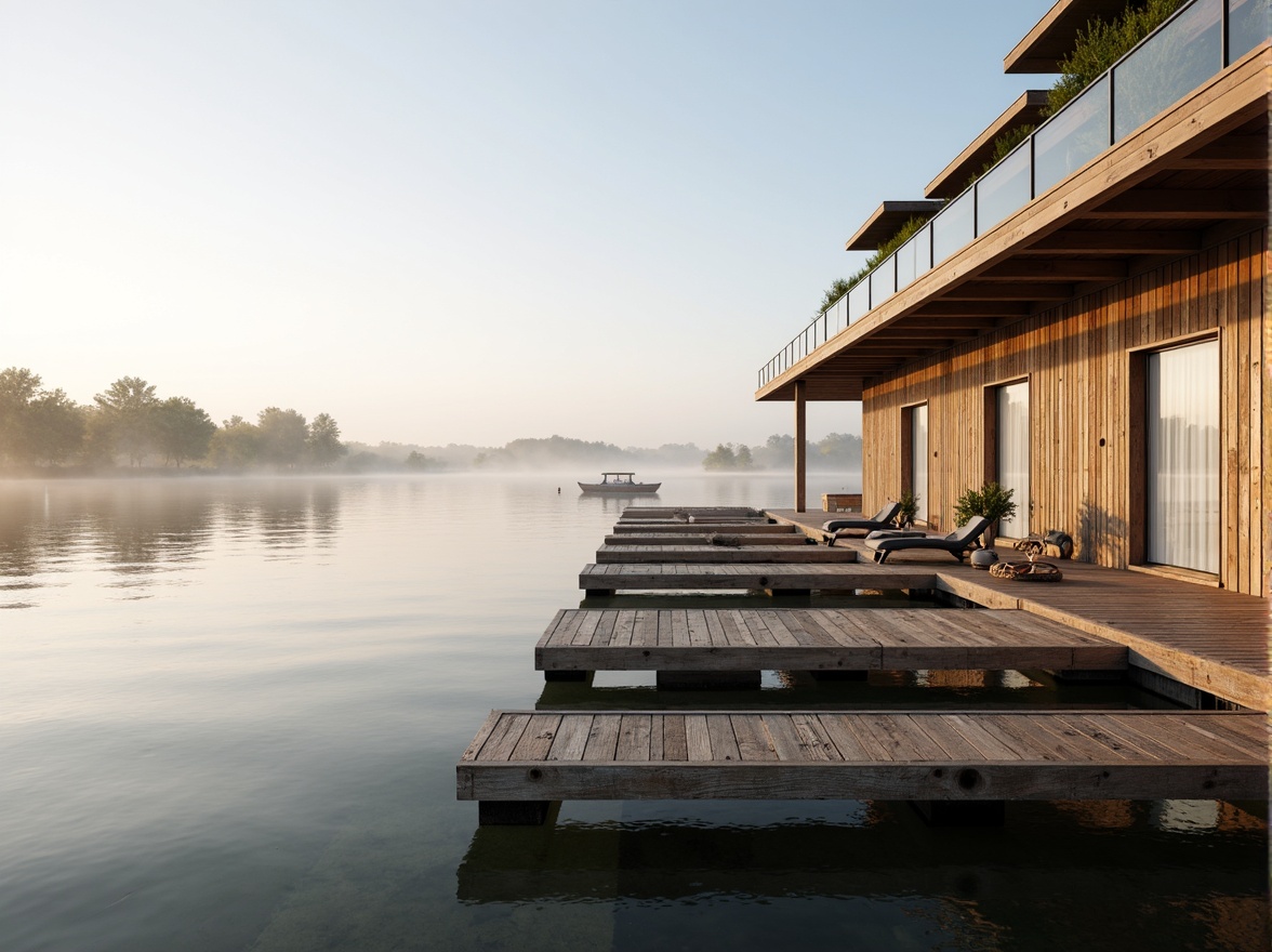 Prompt: Weathered wooden docks, rustic stone walls, natural cedar siding, glassy lake reflections, serene misty mornings, soft warm lighting, shallow depth of field, 3/4 composition, panoramic view, realistic water textures, ambient occlusion, modern lakefront architecture, sleek metal accents, minimalist design, sustainable energy solutions, solar panels, green roofs, eco-friendly materials, innovative cooling technologies, shaded outdoor spaces, misting systems, nautical-inspired decor, vibrant colorful textiles, intricate geometric motifs.