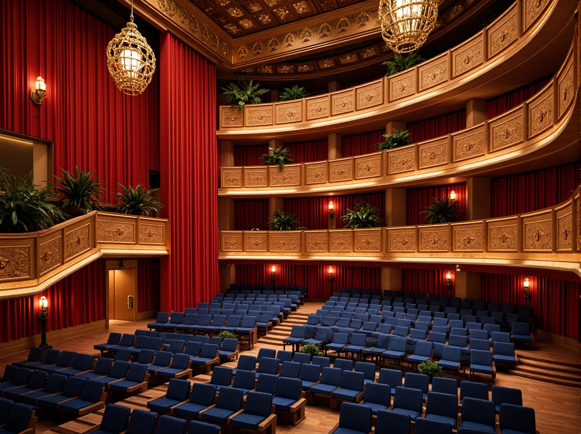 Prompt: Vibrant concert hall, rich wood tones, warm golden lighting, bold red accents, deep blue seats, polished metal fixtures, luxurious velvet curtains, ornate chandeliers, grand staircase, opulent balconies, lavish box seats, dramatic spotlights, soft warm glow, shallow depth of field, 1/1 composition, realistic textures, ambient occlusion.