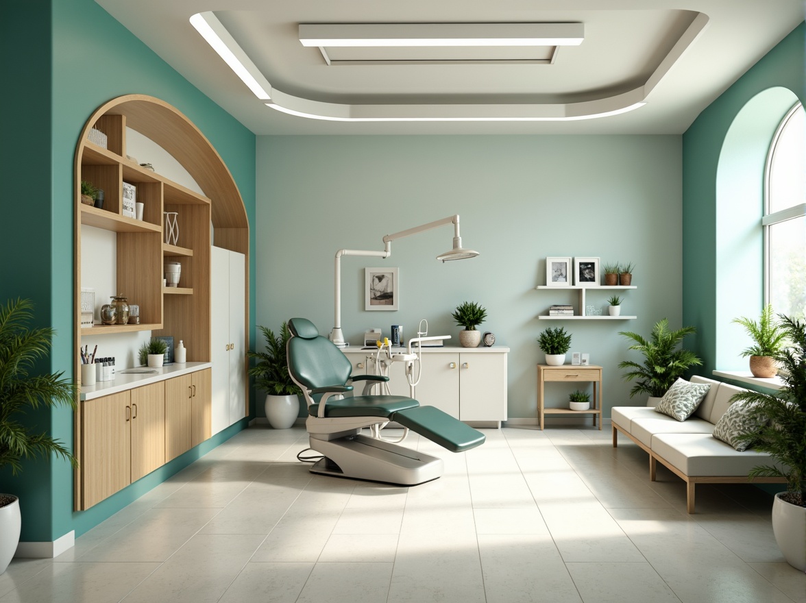 Prompt: Calming dental clinic, soothing blue-green color scheme, creamy whites, warm beige tones, natural wood accents, gentle curves, minimalist decor, modern medical equipment, sleek stainless steel surfaces, comfortable waiting area, lush green plants, soft overhead lighting, shallow depth of field, 1/1 composition, realistic textures, ambient occlusion.