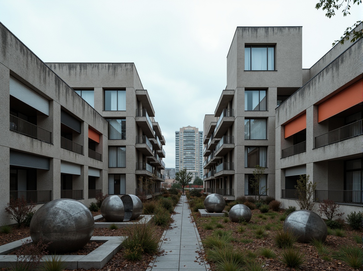 Prompt: Rugged university campus, brutalist architecture, raw concrete facades, fortress-like buildings, geometric shapes, industrial materials, metallic accents, bold color schemes, abstract sculptures, urban landscape, overcast sky, dramatic shadows, high-contrast lighting, 1/1 composition, symmetrical framing, realistic textures, ambient occlusion.