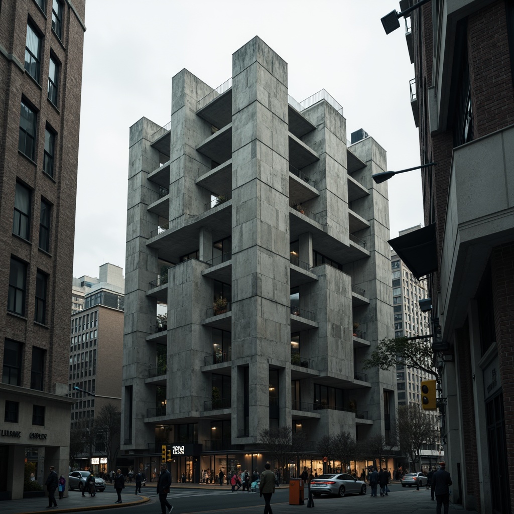 Prompt: Rugged concrete structures, brutalist architecture, fortress-like buildings, raw unfinished surfaces, exposed ductwork, industrial pipes, reinforced steel beams, geometric shapes, angular lines, monumental scale, urban cityscape, overcast skies, dramatic shadows, high-contrast lighting, cinematic composition, 2.35