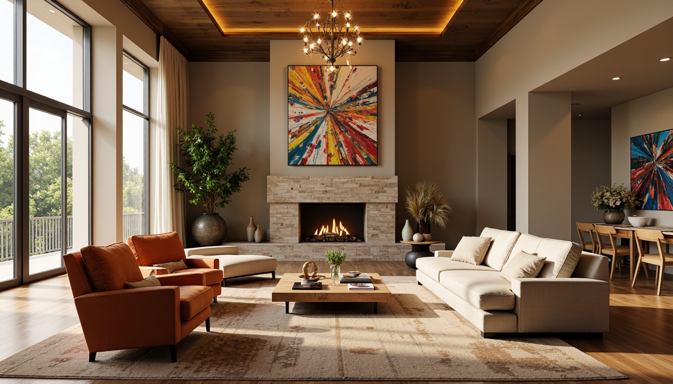 Prompt: Cozy living room, plush sofas, velvet armchairs, warm beige walls, rich wood flooring, soft golden lighting, elegant chandeliers, modern minimalist decor, vibrant colorful artwork, comfortable throw pillows, luxurious rugs, floor-to-ceiling windows, natural stone fireplaces, sleek metal accents, sophisticated color palette, 1/1 composition, shallow depth of field, realistic textures.